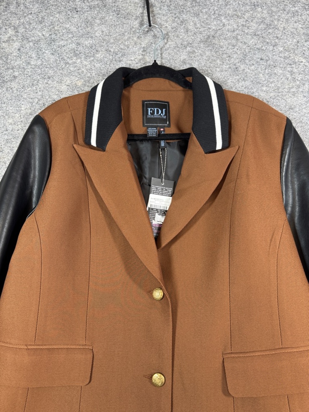 FDJ Brown Wool Blend Varsity Jacket Black Faux Leather Sleeves Preppy Chic XL - Picture 3 of 16